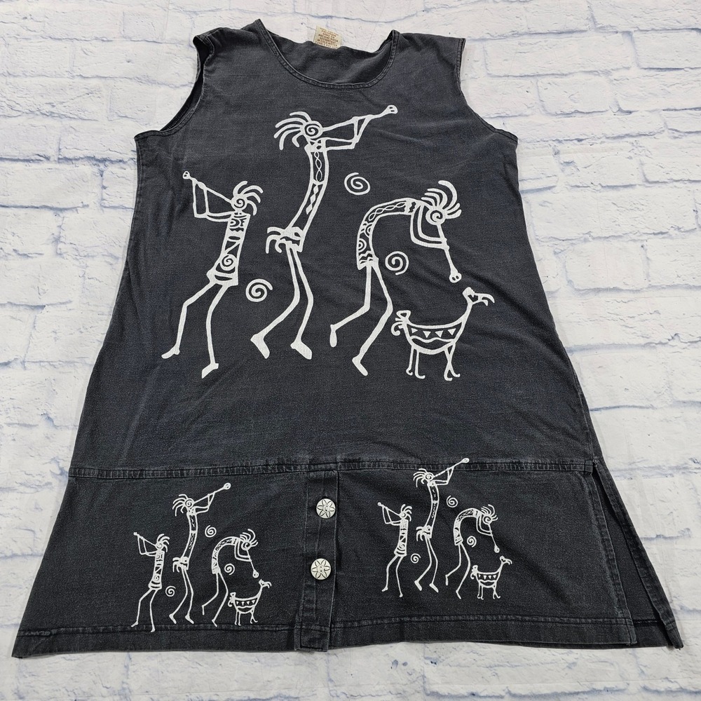 Magic Kokopelli Graphic Tunic Dress Womens L Gray Cotton Sleeveless Nepal VTG